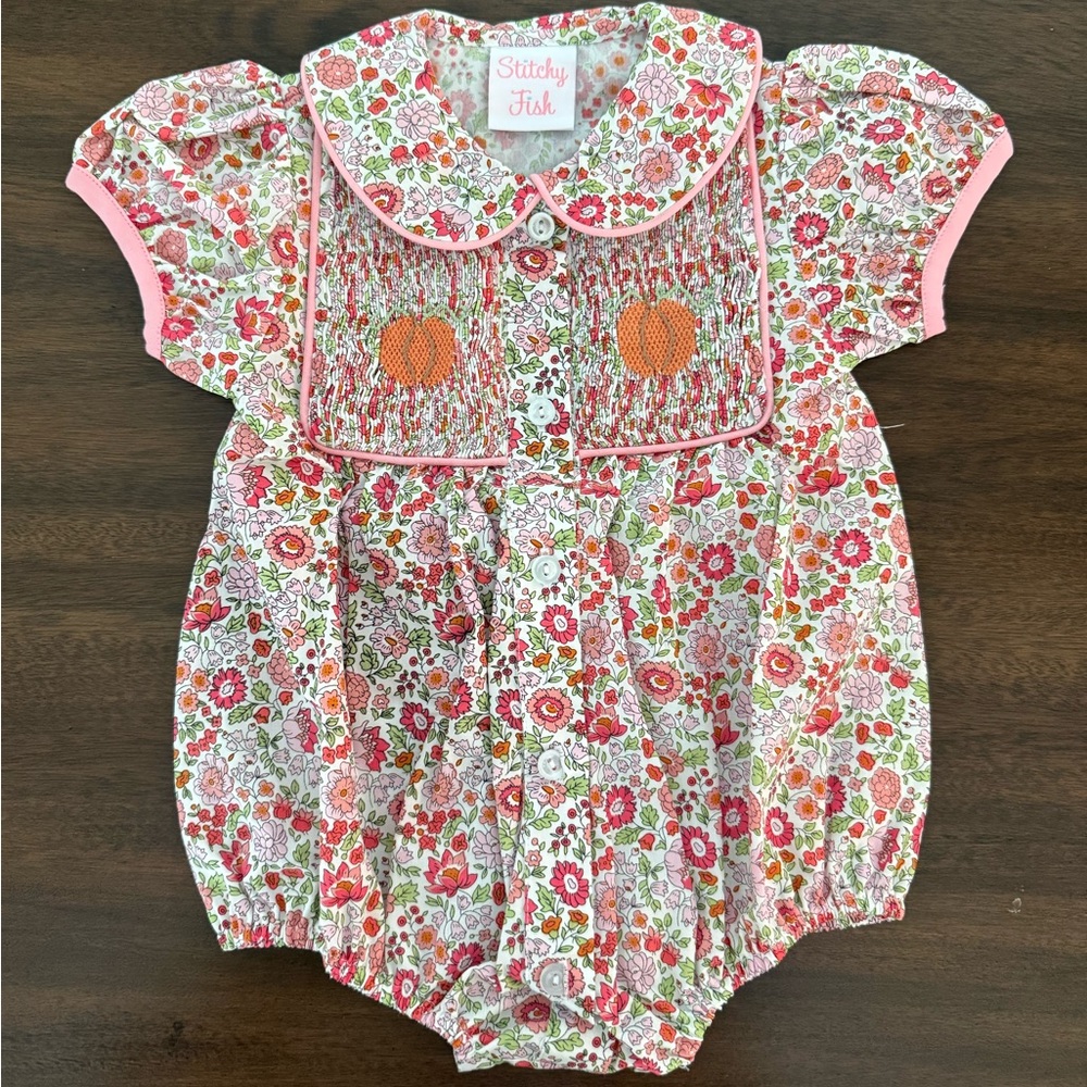 Stitchy Fish Floral Festival Smocked Bubble 12M NEW Fall Thanksgiving Baby Girl